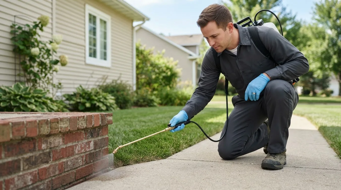 Pest control technician treating a home near Fort Hill, PA
