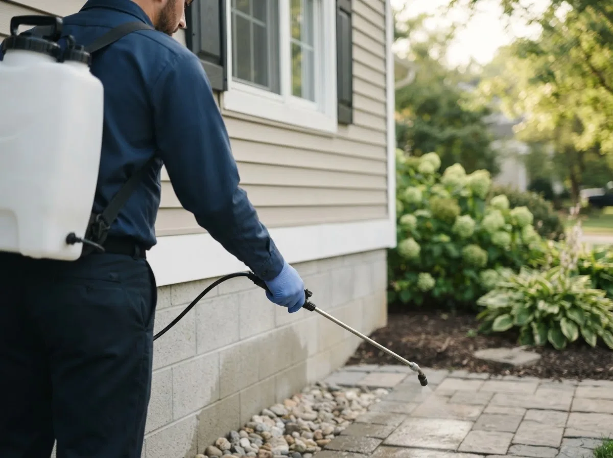 Pest control technician inspecting a home in Fort Hill, PA